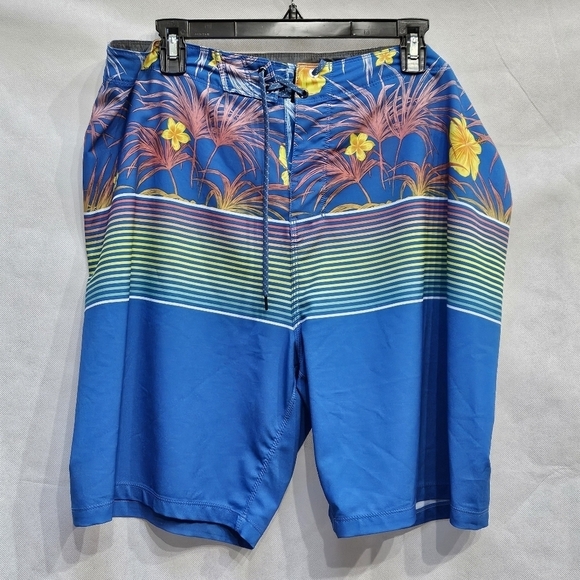 Hurley Floral Stripped Blue 86% Recycled Polyester 14% Spandex Swim Shorts Sz 38 - Picture 1 of 6